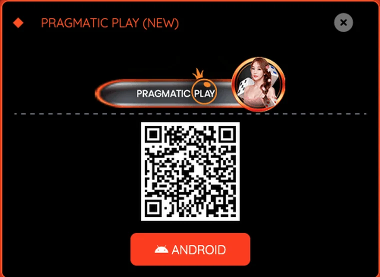 Pragmatic Play download panel from the operator's site: the Pragmatic Play name plate, a QR code, and an ANDROID download button.