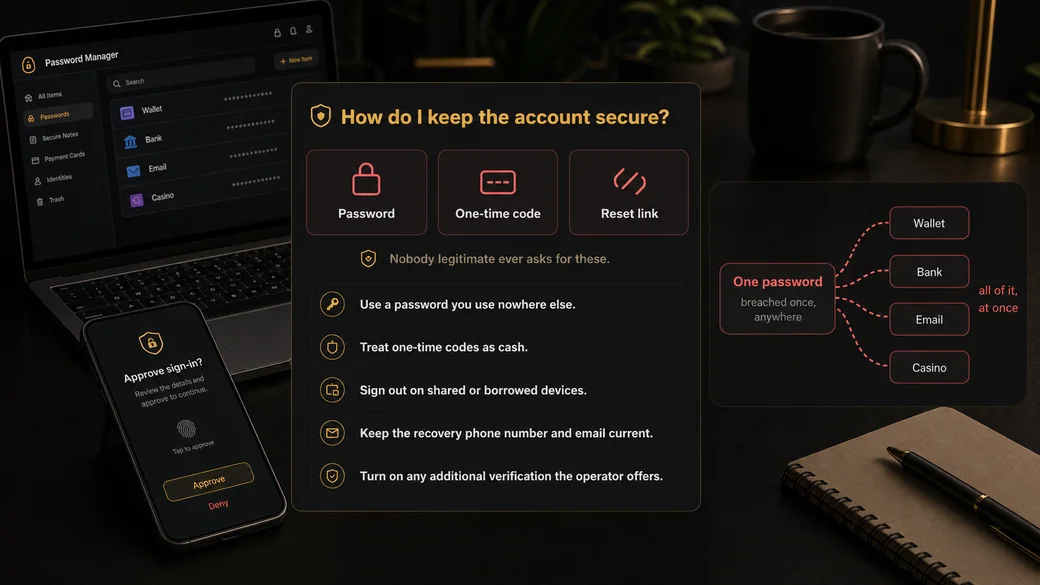 Password, one-time code and reset link marked as things nobody legitimate ever asks for, alongside five habits: use a password you use nowhere else, treat one-time codes as cash, sign out on shared devices, keep recovery details current, and turn on any extra verification. One reused password breached anywhere exposes wallet, bank, email and casino at once.