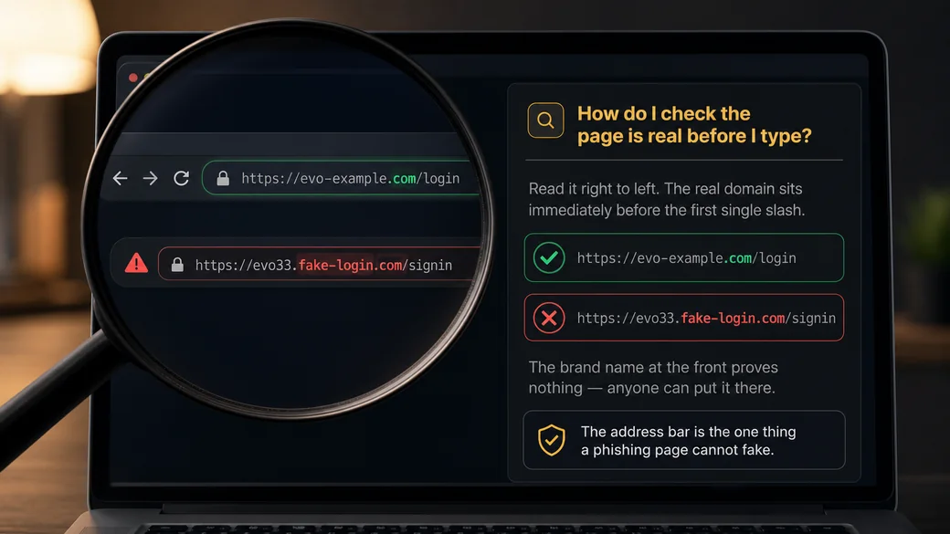 A magnifier over a browser address bar comparing a genuine address with a fake one. Read the address right to left: the real domain sits immediately before the first single slash. A brand name at the front proves nothing - anyone can put it there. The address bar is the one thing a phishing page cannot fake.