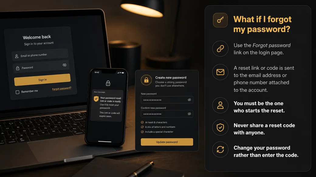 A reset flow: use the Forgot password link on the login page, a reset link or code is sent to the email address or phone number attached to the account, and a new password is set. You must be the one who starts the reset, never share a reset code, and change your password rather than entering a code someone sent you.