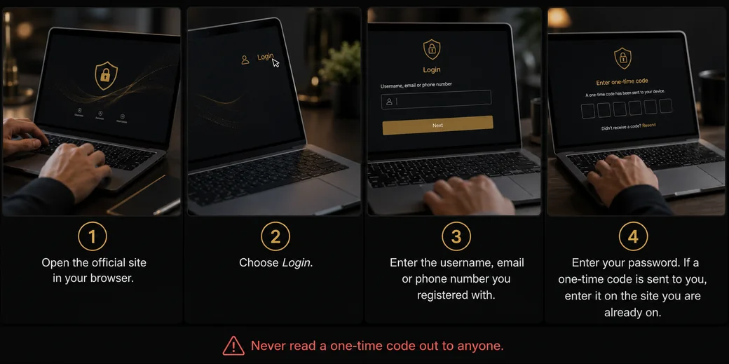 Four login steps: open the official site in your browser, choose Login, enter the username, email or phone number you registered with, then enter your password and any one-time code on the site you are already on. Never read a one-time code out to anyone.