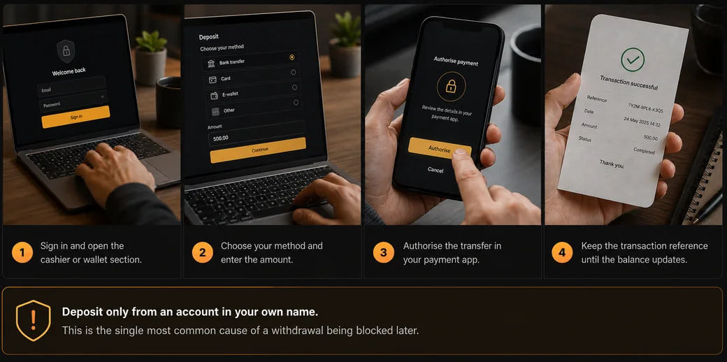 Four deposit steps: sign in and open the cashier, choose a method and enter the amount, authorise the transfer in your payment app, and keep the transaction reference until the balance updates. Deposit only from an account in your own name - the most common cause of a withdrawal being blocked later.