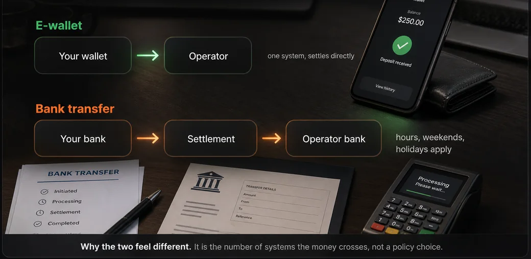 An e-wallet deposit moves from your wallet straight to the operator in one system, while a bank transfer passes through your bank, a settlement stage and the operator bank, so hours, weekends and holidays apply.