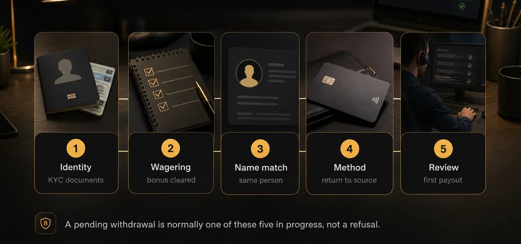 Five checks a pending withdrawal is normally waiting on: identity or KYC documents, wagering cleared, name match, method returning to source, and review of a first payout. A pending withdrawal is normally one of these in progress, not a refusal.