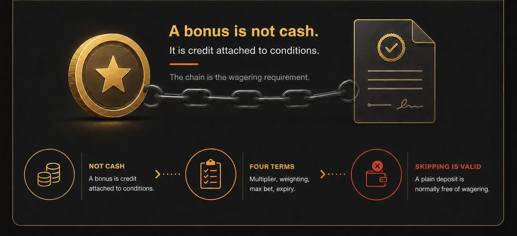 A bonus is not cash - it is credit attached to conditions. A gold token chained to a signed terms document, with three points: not cash, four terms, and skipping is valid.