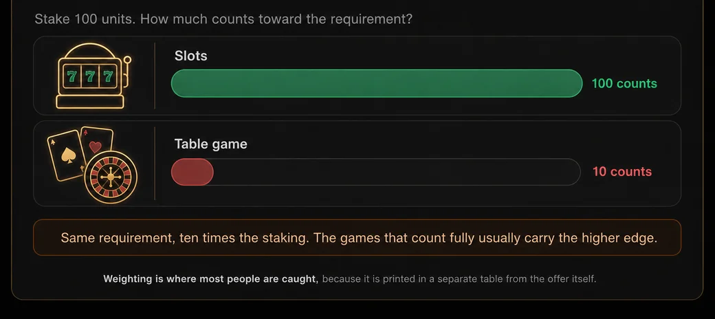 Stake 100 units: on slots the full 100 counts toward the requirement, on a table game only 10 counts. Same requirement, ten times the staking.
