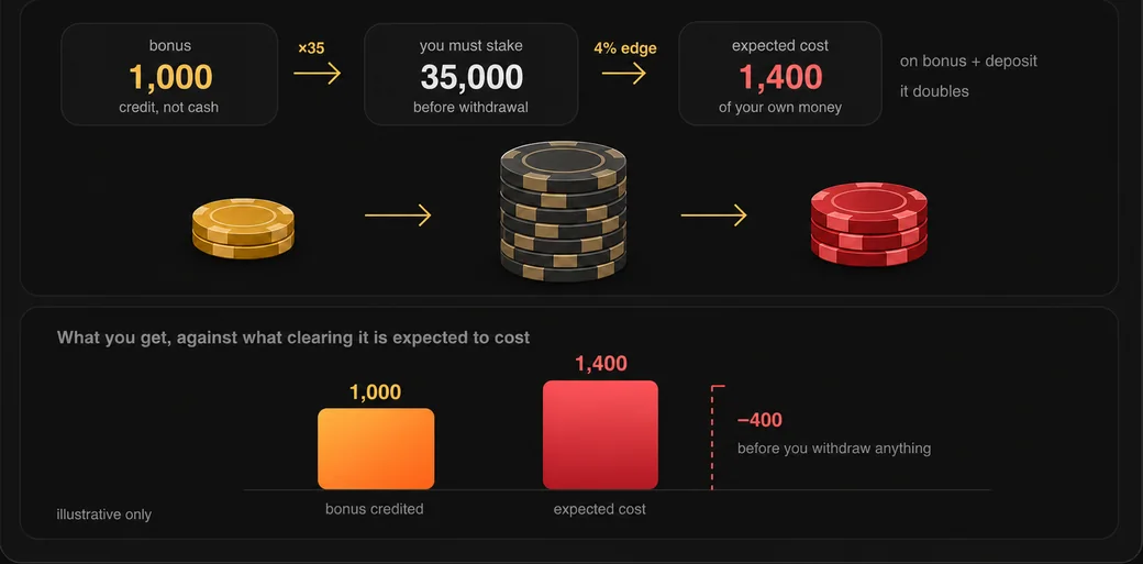 Illustrative worked example: a 1,000 bonus at 35x wagering means staking 35,000, which at a 4% edge is expected to cost about 1,400 - leaving you 400 down before you withdraw anything.