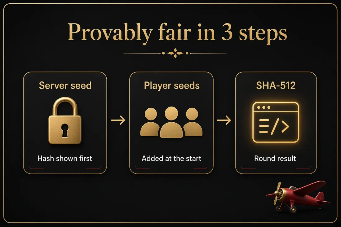 Aviator provably fair in 3 steps: server seed hash, player seeds, SHA-512 round result