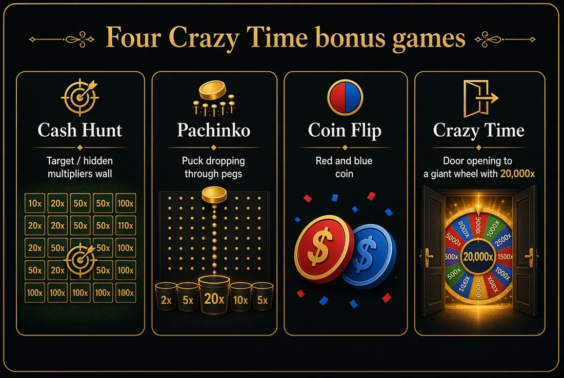 The four Crazy Time bonus games: Cash Hunt, Pachinko, Coin Flip and Crazy Time