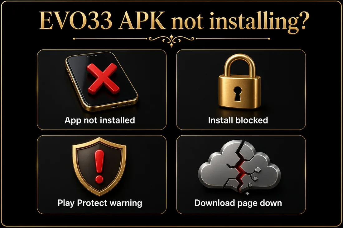 EVO33 APK not installing: app not installed, install blocked, Play Protect warning, download page down