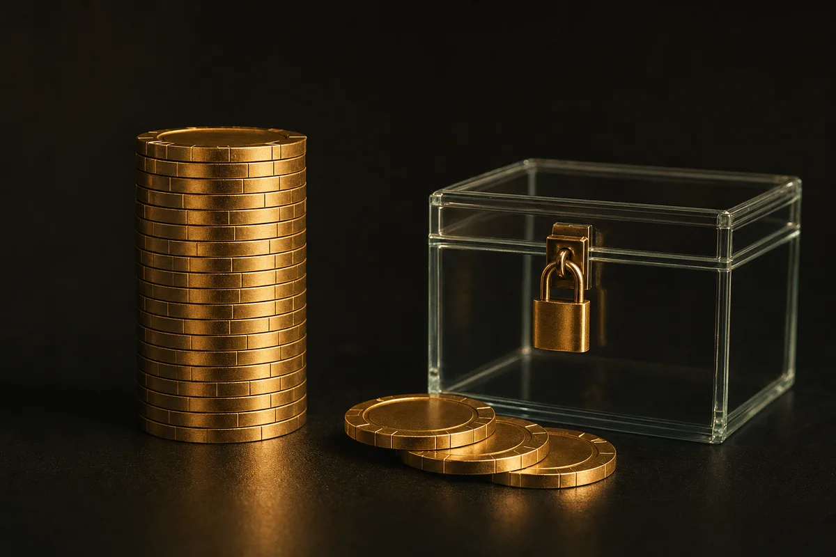 A tall stack of gold chips beside a padlocked glass box with only three chips set apart in front of it
