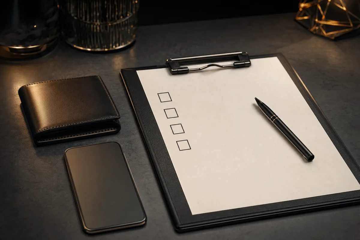 A clipboard with four empty tick boxes and a pen beside a closed wallet and a phone