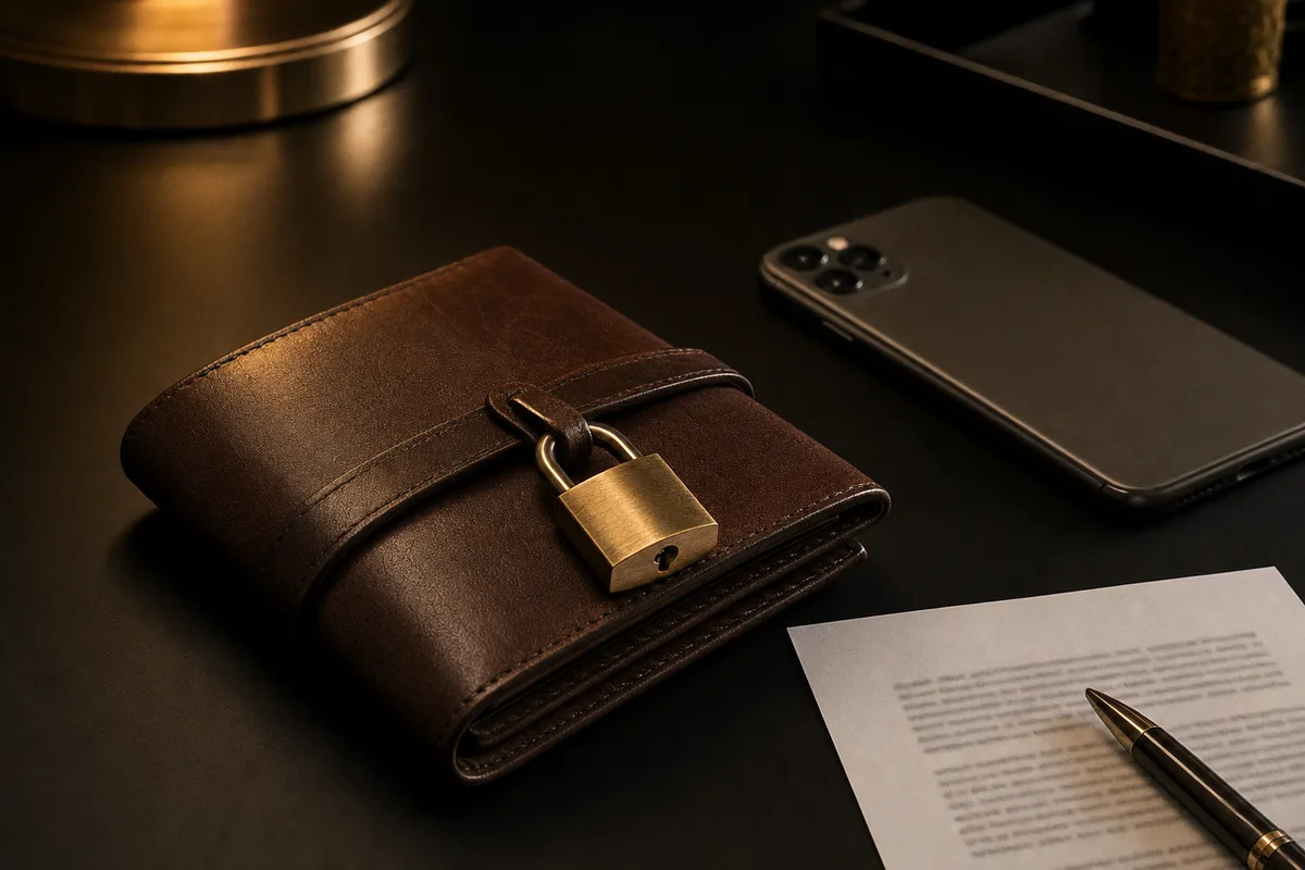 A leather wallet locked with a brass padlock beside a face-down smartphone and a printed document