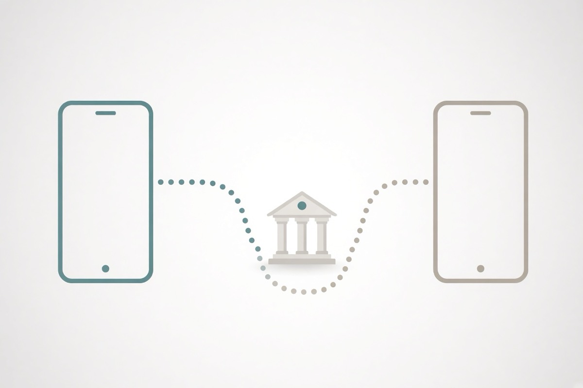 eSewa vs Khalti diagram: money going from one phone wallet through a bank to a second phone wallet rather than directly.