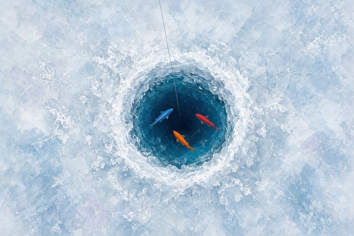 Illustration of fish under an ice hole, showing the Ice Fishing bonus round in a game show