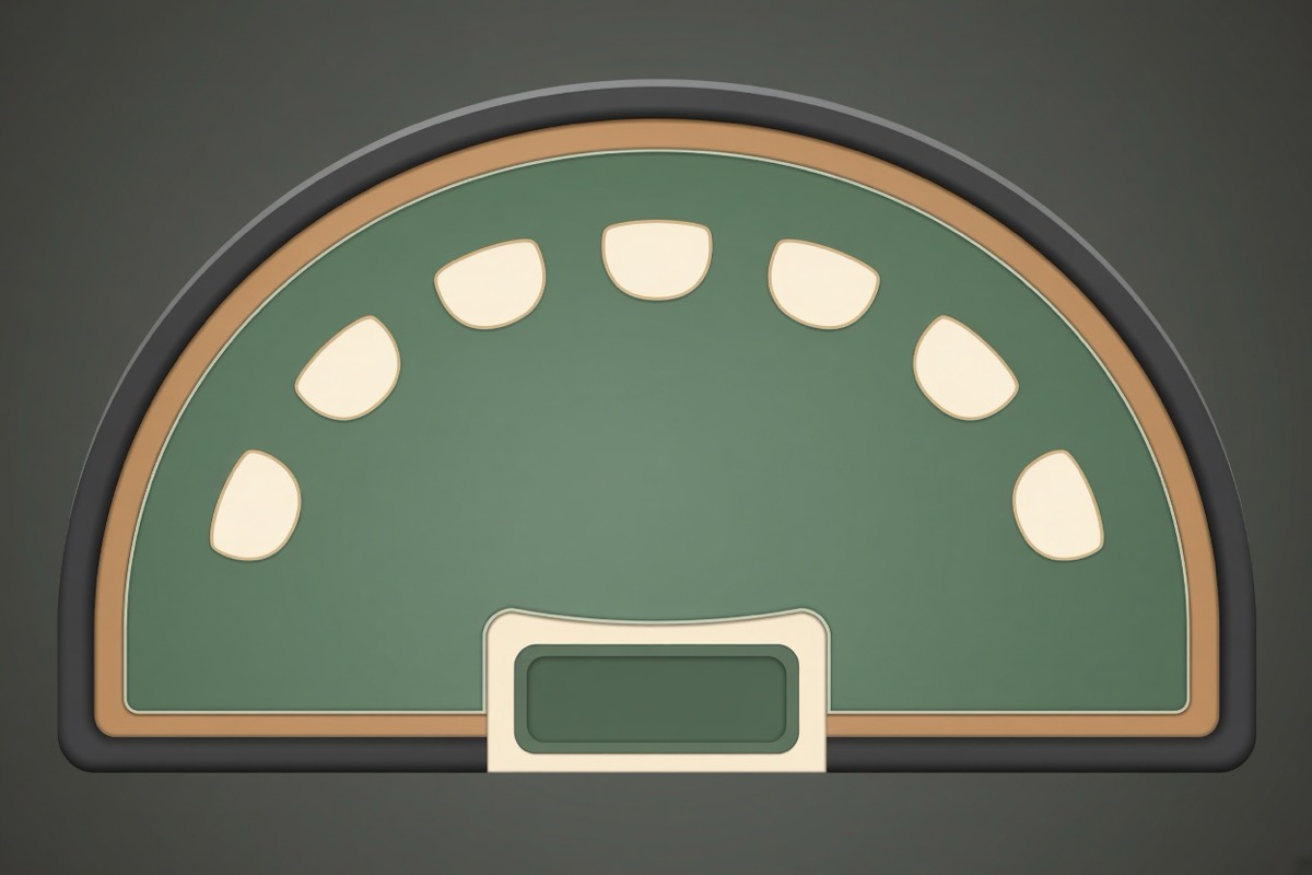 Simple diagram of a semicircular table for how to play blackjack, with a dealer position and empty betting spots