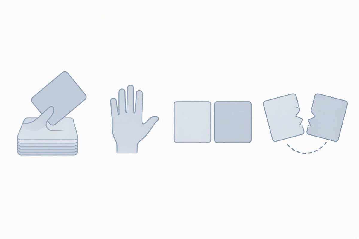 Four simple icons for the choices in how to play blackjack: take a card, stay, double and split