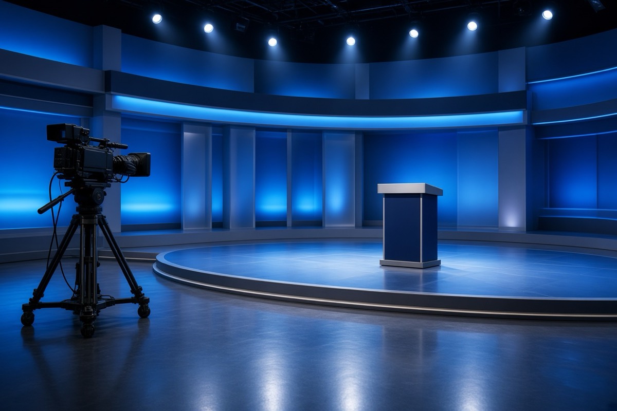 How to play Crazy Time: an empty live game-show studio with a camera and a podium