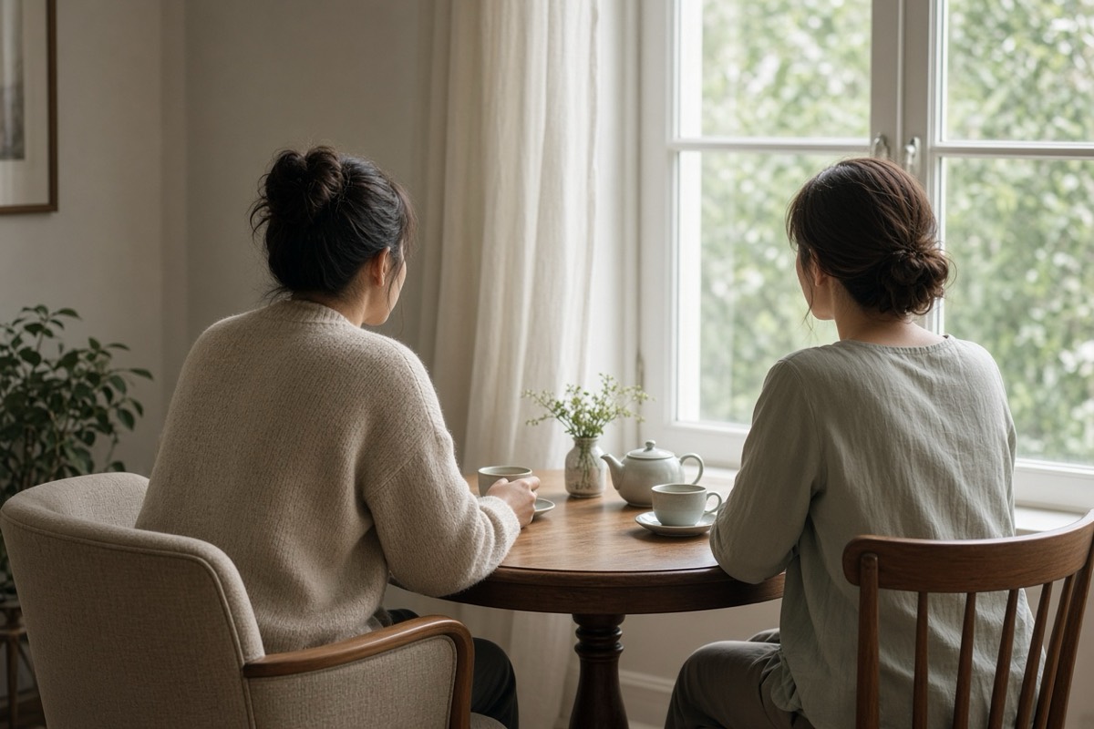Is betting legal in Nepal and you are worried: two people talking calmly over tea by a window, representing seeking advice from someone you trust.